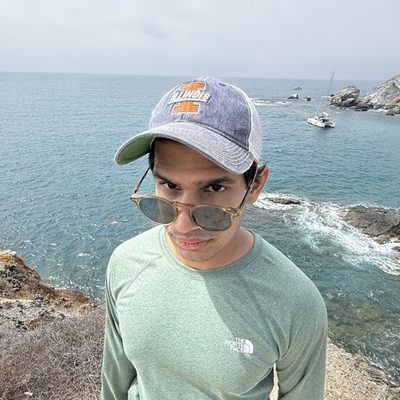 Portrait of Shashank Bansal in an Illinois cap and sunglasses, on a Catalina cliff above the ocean